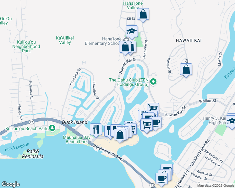 map of restaurants, bars, coffee shops, grocery stores, and more near 503 Opihikao Place in Honolulu