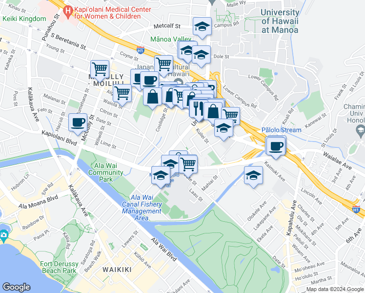 map of restaurants, bars, coffee shops, grocery stores, and more near 739 University Avenue in Honolulu
