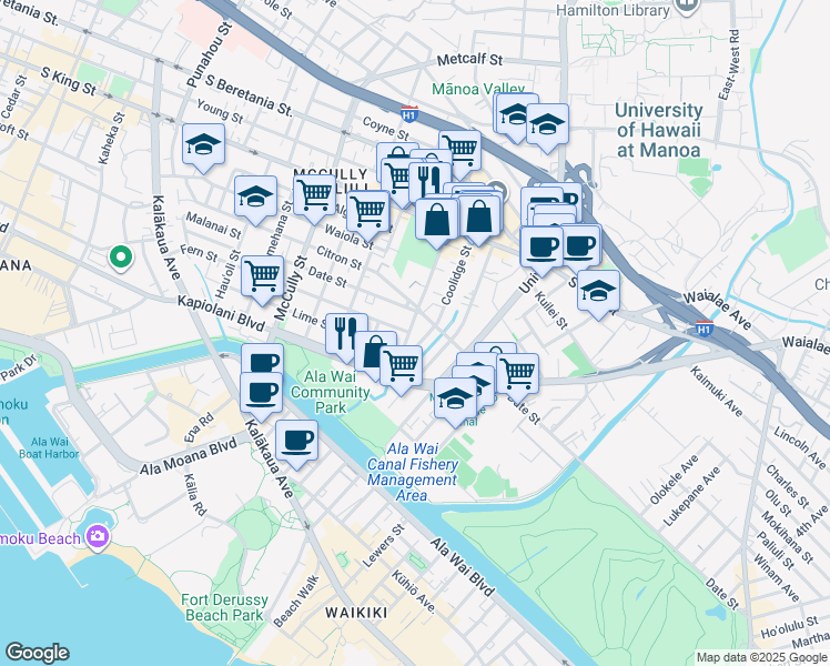 map of restaurants, bars, coffee shops, grocery stores, and more near 755 Isenberg Street in Honolulu