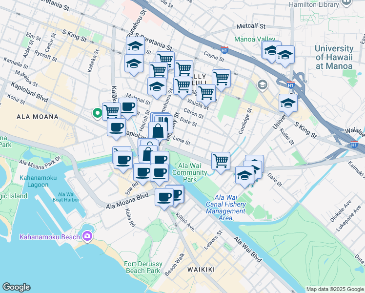 map of restaurants, bars, coffee shops, grocery stores, and more near 2032 Kapiolani Boulevard in Honolulu