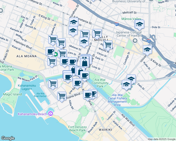 map of restaurants, bars, coffee shops, grocery stores, and more near Kapiolani Boulevard & McCully Street in Honolulu