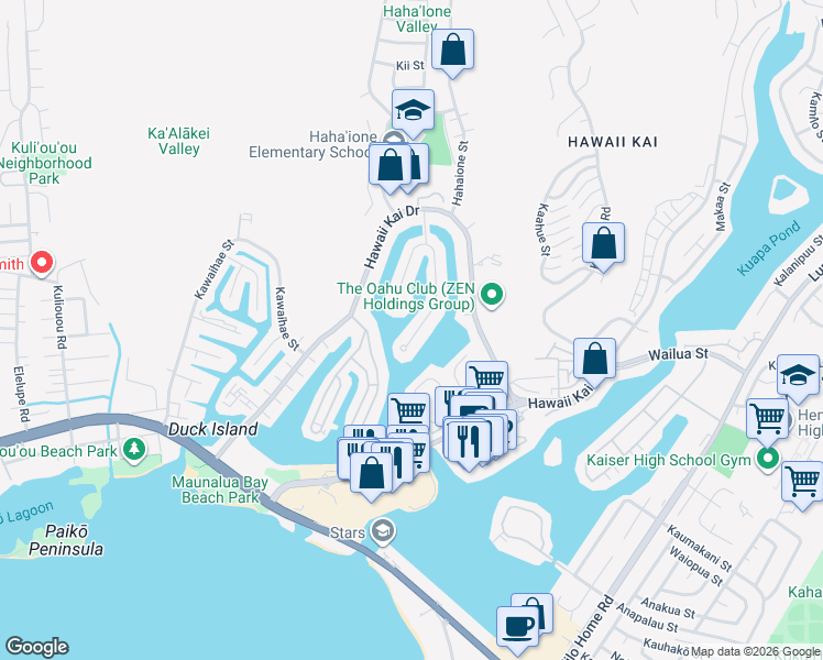 map of restaurants, bars, coffee shops, grocery stores, and more near 570 Kumukahi Place in Honolulu