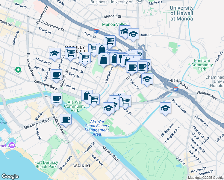 map of restaurants, bars, coffee shops, grocery stores, and more near 2382 Date Street in Honolulu