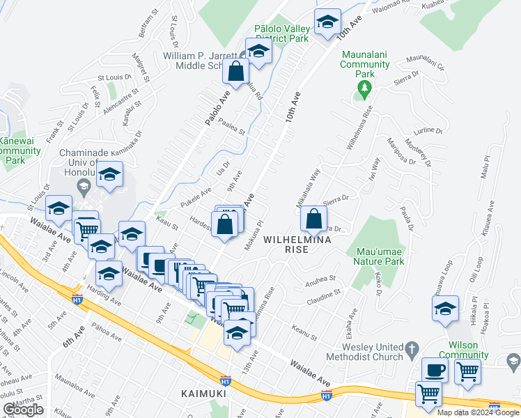 map of restaurants, bars, coffee shops, grocery stores, and more near 3529 Pakui Street in Honolulu