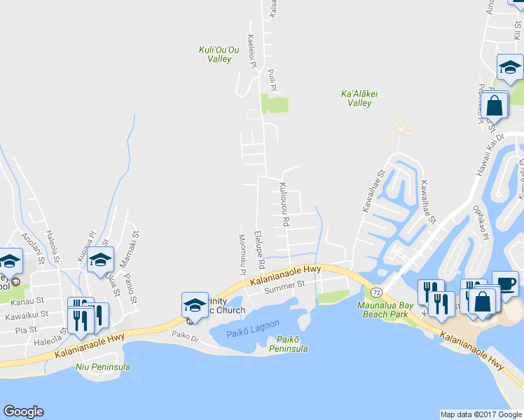 map of restaurants, bars, coffee shops, grocery stores, and more near 311 Elelupe Road in Honolulu