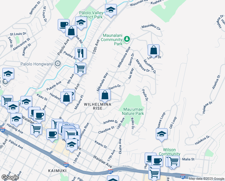 map of restaurants, bars, coffee shops, grocery stores, and more near 3718 Manini Way in Honolulu