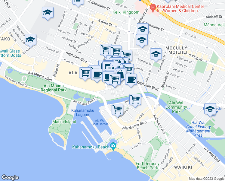 map of restaurants, bars, coffee shops, grocery stores, and more near 1926 Kahakai Drive in Honolulu