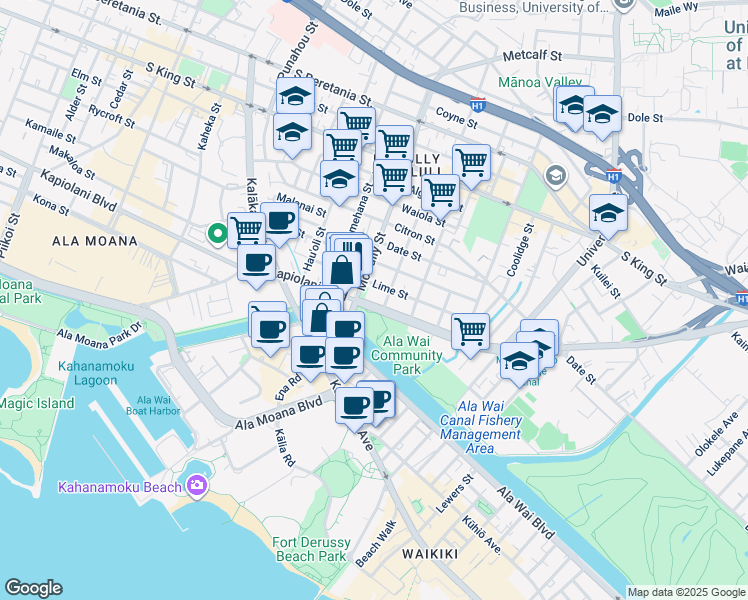 map of restaurants, bars, coffee shops, grocery stores, and more near 2032 Kapiolani Boulevard in Honolulu
