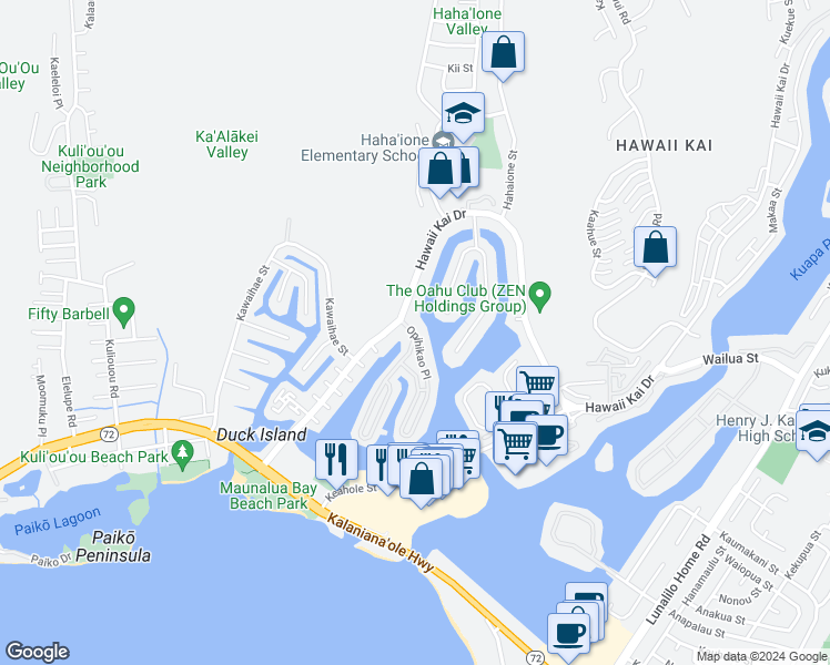 map of restaurants, bars, coffee shops, grocery stores, and more near 503 Opihikao Place in Honolulu