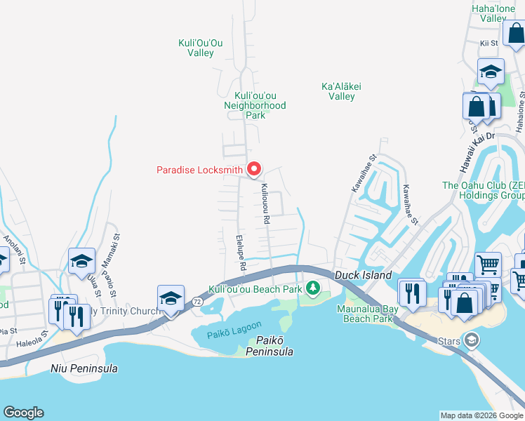 map of restaurants, bars, coffee shops, grocery stores, and more near 294 Kuliouou Road in Honolulu