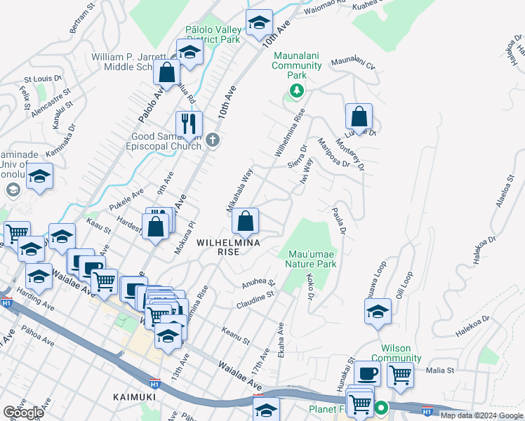 map of restaurants, bars, coffee shops, grocery stores, and more near 3718 Manini Way in Honolulu