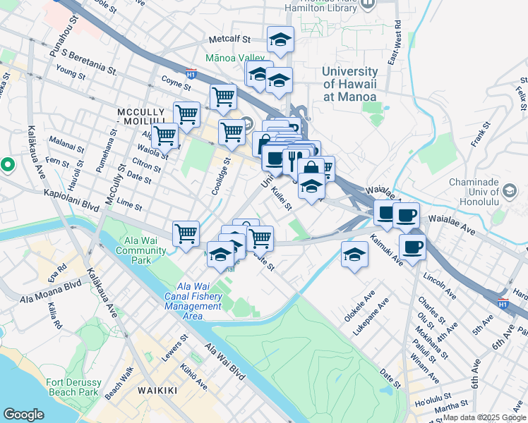 map of restaurants, bars, coffee shops, grocery stores, and more near 810 Kaaloa Street in Honolulu