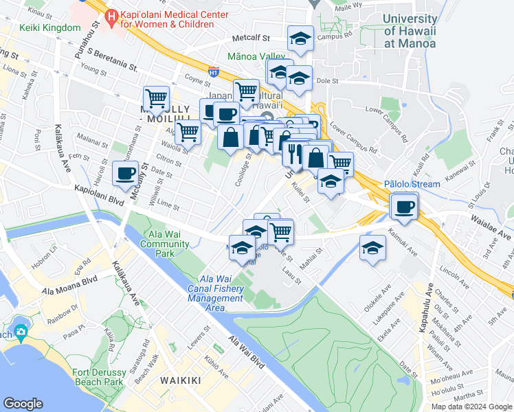 map of restaurants, bars, coffee shops, grocery stores, and more near 739 University Avenue in Honolulu