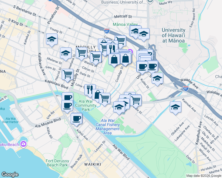 map of restaurants, bars, coffee shops, grocery stores, and more near 646 Coolidge Street in Honolulu