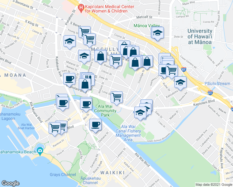 map of restaurants, bars, coffee shops, grocery stores, and more near 742 Hoawa Street in Honolulu