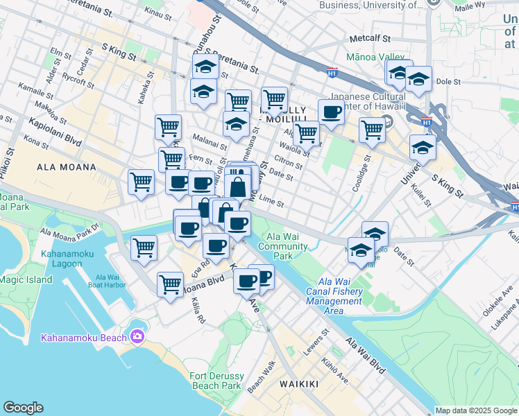 map of restaurants, bars, coffee shops, grocery stores, and more near 2032 Kapiolani Boulevard in Honolulu