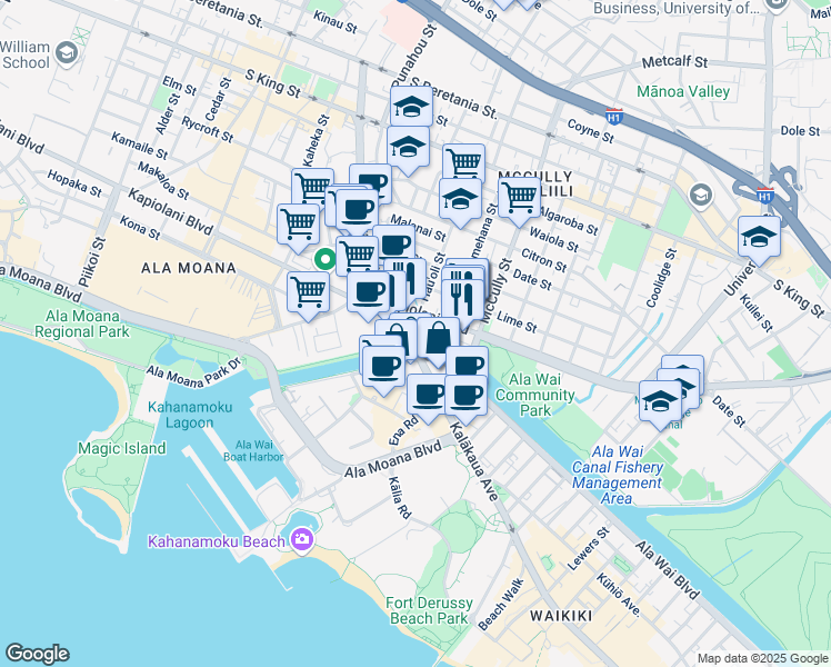 map of restaurants, bars, coffee shops, grocery stores, and more near 1812 Kalakaua Avenue in Honolulu