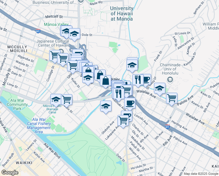 map of restaurants, bars, coffee shops, grocery stores, and more near 2920 South King Street in Honolulu