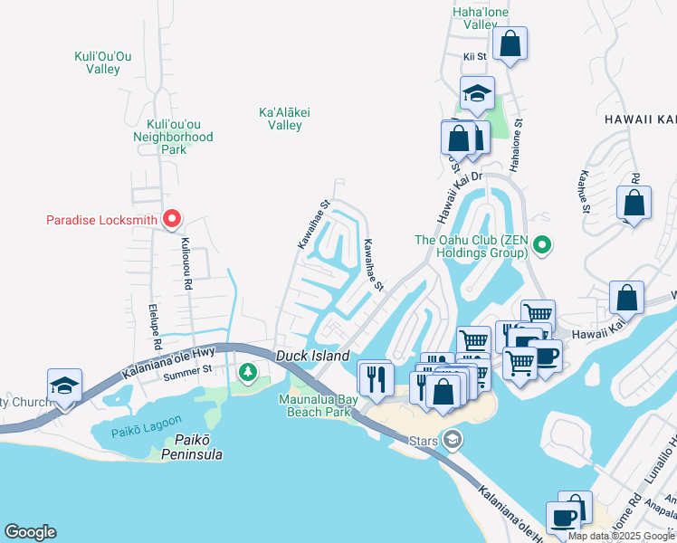 map of restaurants, bars, coffee shops, grocery stores, and more near 6258 Keōkea Place in Honolulu