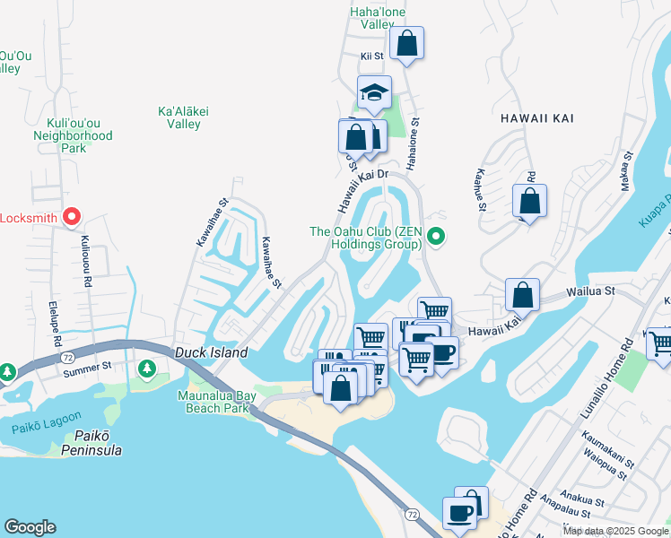 map of restaurants, bars, coffee shops, grocery stores, and more near 503 Opihikao Place in Honolulu