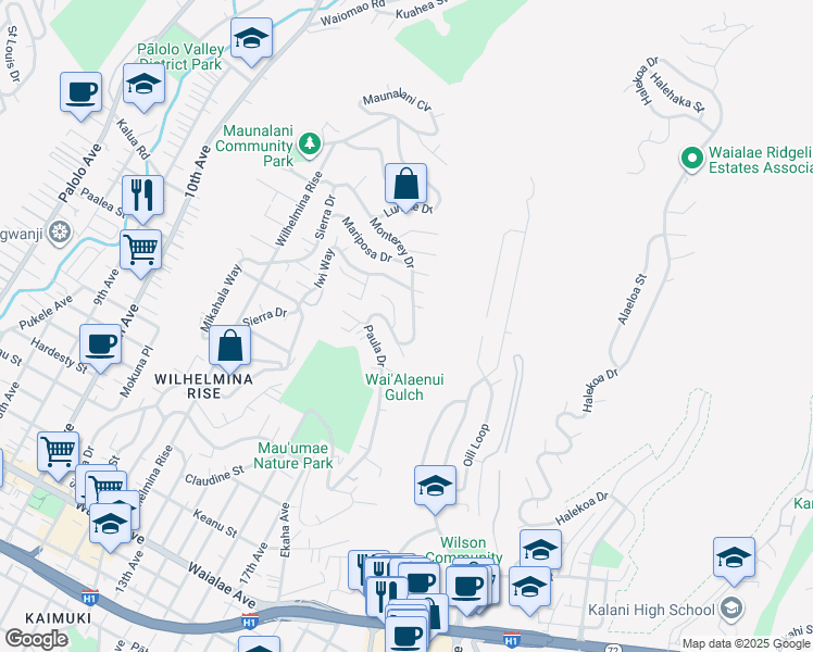 map of restaurants, bars, coffee shops, grocery stores, and more near 1946 Paula Drive in Honolulu