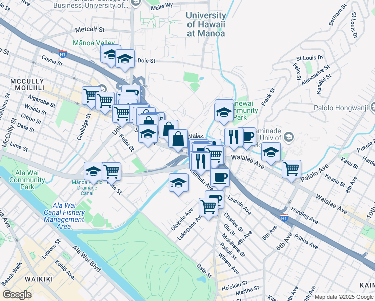 map of restaurants, bars, coffee shops, grocery stores, and more near 2920 South King Street in Honolulu