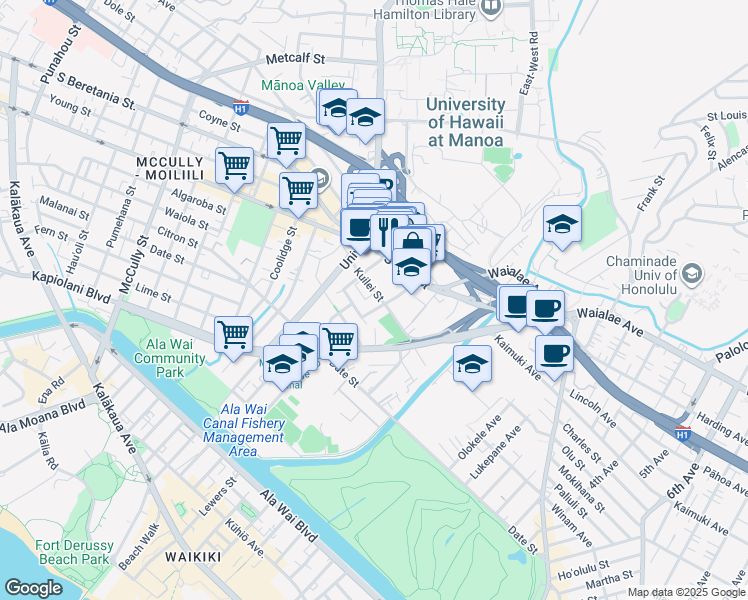 map of restaurants, bars, coffee shops, grocery stores, and more near 2724 Kahoaloha Lane in Honolulu