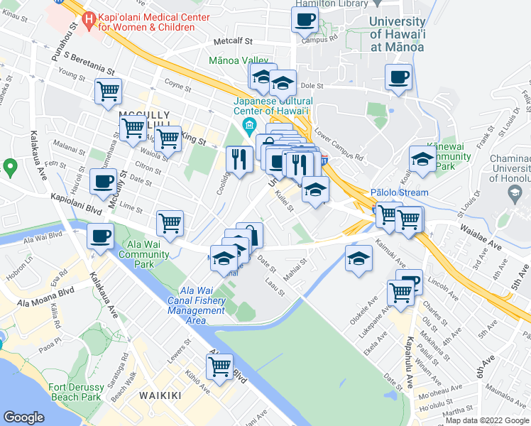 map of restaurants, bars, coffee shops, grocery stores, and more near 810 Kaaloa Street in Honolulu