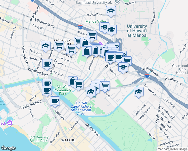 map of restaurants, bars, coffee shops, grocery stores, and more near 2382 Date Street in Honolulu