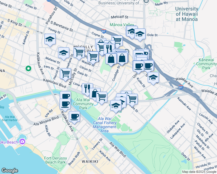 map of restaurants, bars, coffee shops, grocery stores, and more near 755 Isenberg Street in Honolulu