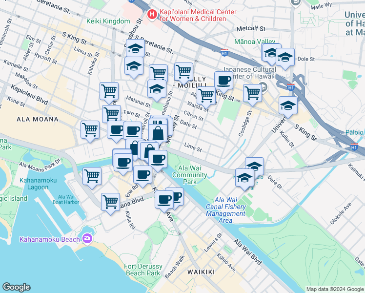 map of restaurants, bars, coffee shops, grocery stores, and more near 2032 Kapiolani Boulevard in Honolulu