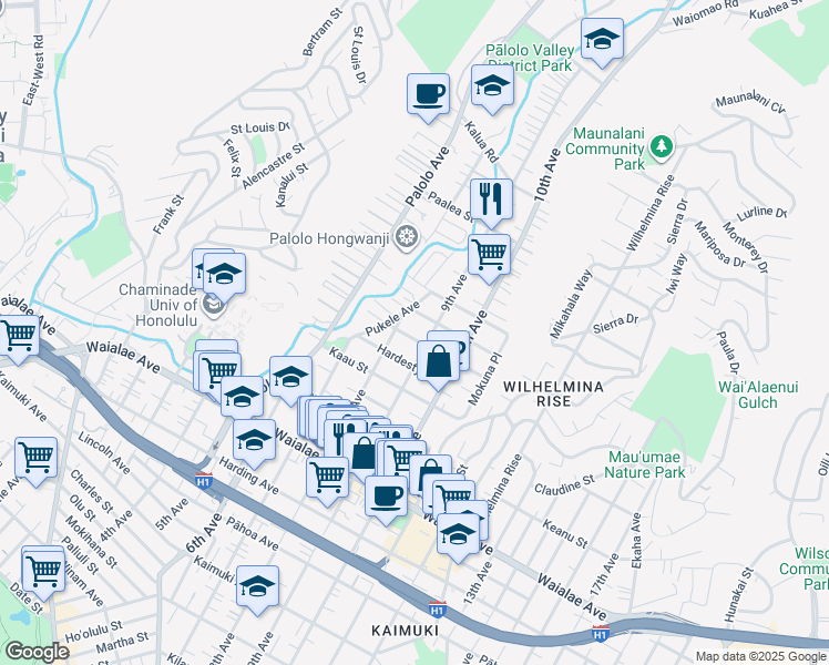 map of restaurants, bars, coffee shops, grocery stores, and more near 3424 Maluhia Street in Honolulu