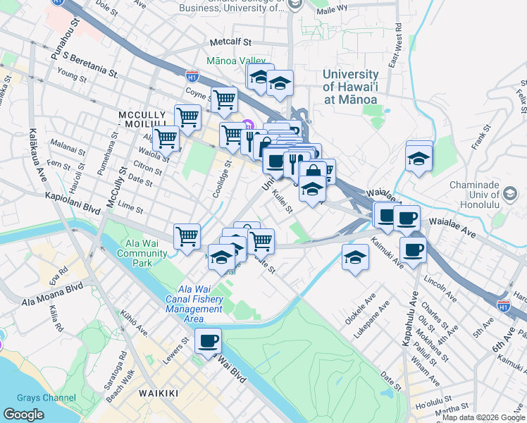 map of restaurants, bars, coffee shops, grocery stores, and more near 810 Kaaloa Street in Honolulu