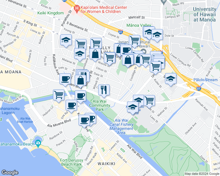 map of restaurants, bars, coffee shops, grocery stores, and more near 748 Hoawa Street in Honolulu