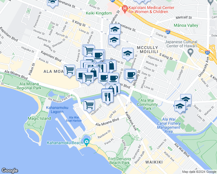 map of restaurants, bars, coffee shops, grocery stores, and more near 1801 Kalākaua Avenue in Honolulu