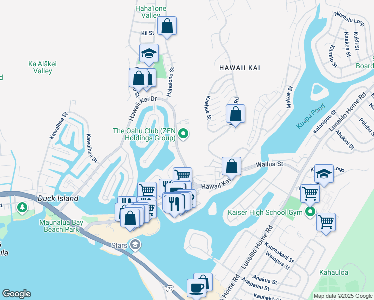 map of restaurants, bars, coffee shops, grocery stores, and more near 6831 Hawaii Kai Drive in Honolulu