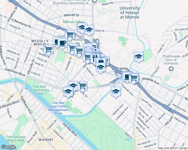 map of restaurants, bars, coffee shops, grocery stores, and more near 2724 Kahoaloha Lane in Honolulu