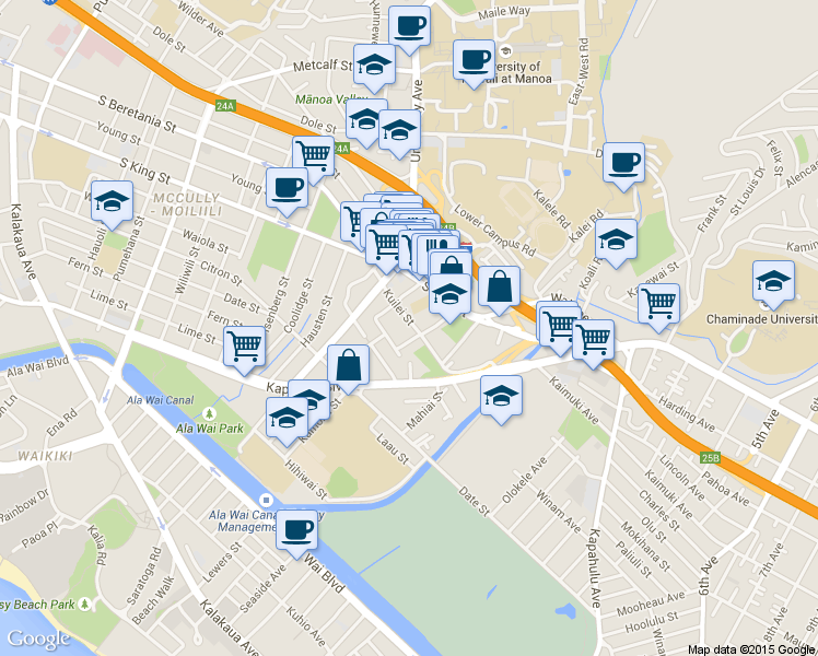 map of restaurants, bars, coffee shops, grocery stores, and more near 2724 Kahoaloha Lane in Honolulu