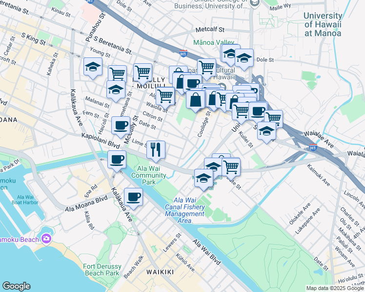 map of restaurants, bars, coffee shops, grocery stores, and more near 755 Isenberg Street in Honolulu