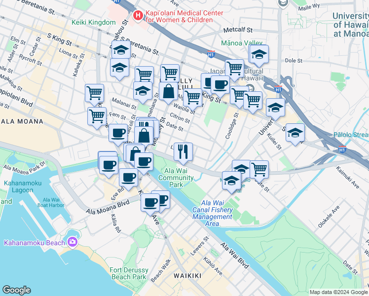 map of restaurants, bars, coffee shops, grocery stores, and more near 2123 Lime Street in Honolulu
