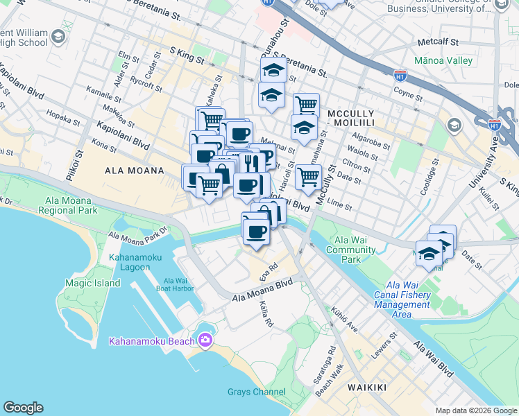 map of restaurants, bars, coffee shops, grocery stores, and more near 1801 Kalākaua Avenue in Honolulu