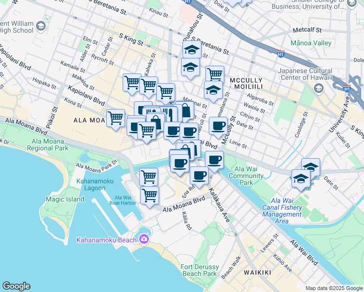 map of restaurants, bars, coffee shops, grocery stores, and more near 1801 Kalakaua Avenue in Honolulu