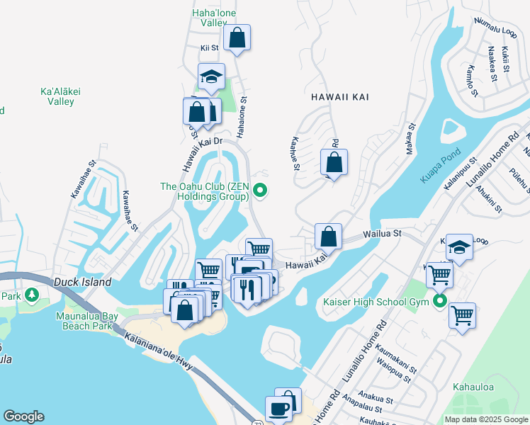 map of restaurants, bars, coffee shops, grocery stores, and more near 6800 Hawaii Kai Drive in Honolulu