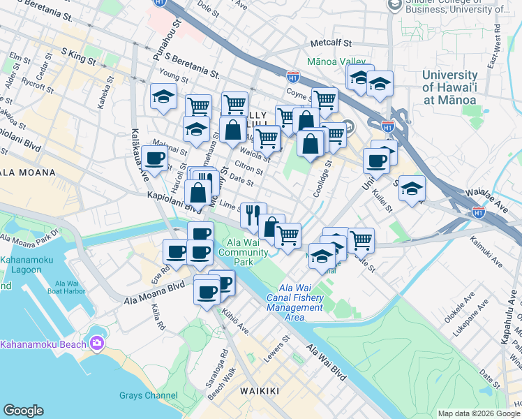 map of restaurants, bars, coffee shops, grocery stores, and more near 2213 Fern Street in Honolulu