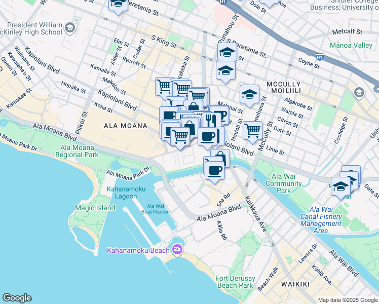map of restaurants, bars, coffee shops, grocery stores, and more near 1829 Kahakai Drive in Honolulu