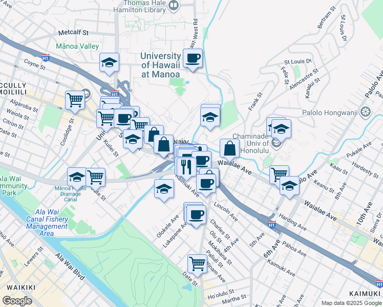 map of restaurants, bars, coffee shops, grocery stores, and more near 2847 Waialae Avenue in Honolulu