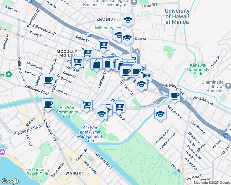 map of restaurants, bars, coffee shops, grocery stores, and more near 739 University Avenue in Honolulu