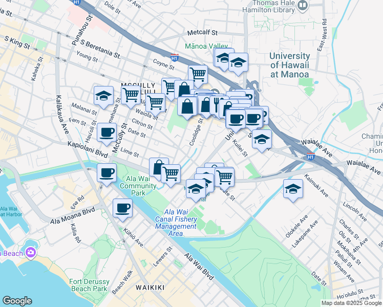map of restaurants, bars, coffee shops, grocery stores, and more near 2382 Date Street in Honolulu