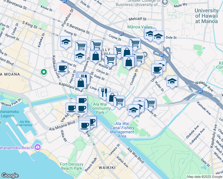 map of restaurants, bars, coffee shops, grocery stores, and more near 742 Hoawa Street in Honolulu