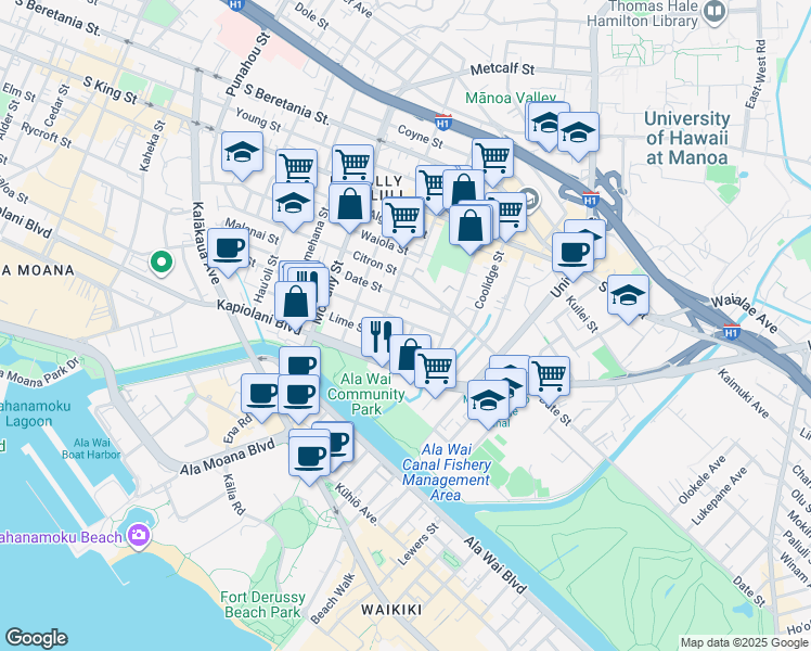 map of restaurants, bars, coffee shops, grocery stores, and more near 742 Hoawa Street in Honolulu